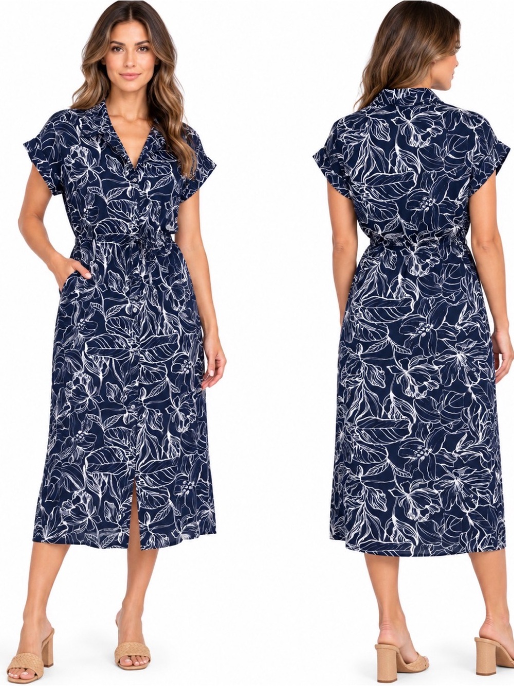 NWT Jewel Badgley Mischka Navy White Floral Midi Shirt Dress M